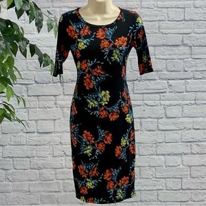 LuLaRoe Julia Dress XS Black Bodycon Midi with Red & Orange Floral Print